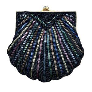 VINTAGE SEA SHELL SHAPED EMBELLISHED FORMAL CLUTCH KISS LOCK BEADED EVENING BAG